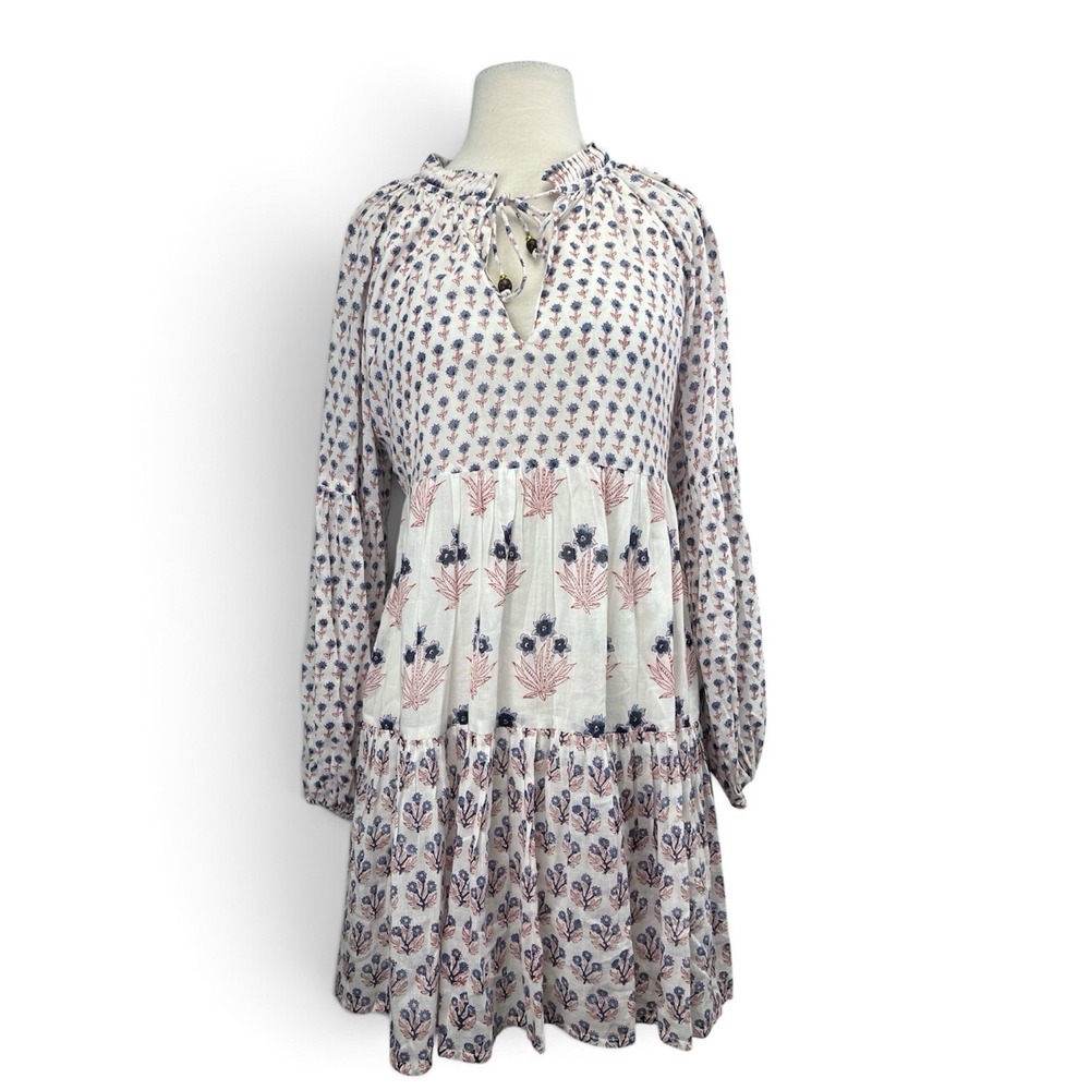 Oliphant Ballon Sleeve Mini Dress Small Floral White Blue Red Block Print Tiered